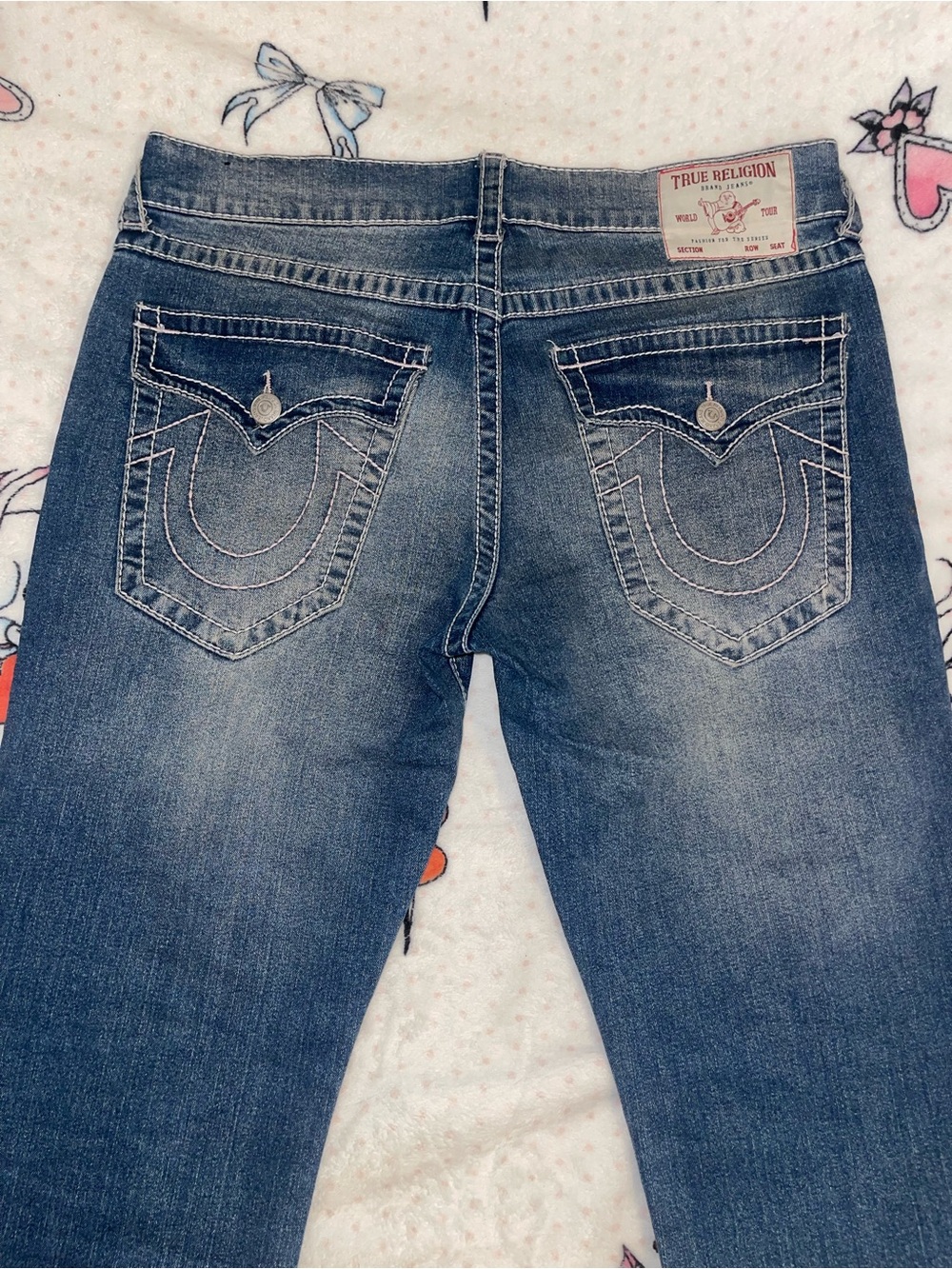 True Religion Mens Blue Denim Jeans Pink Accents